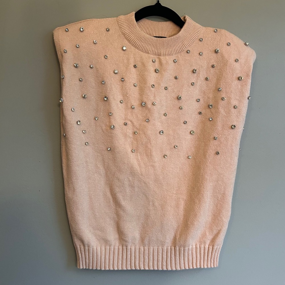 On Twelfth Pink Rhinestone Embellished Padded Shoulder Sweater Vest S 1222912BR